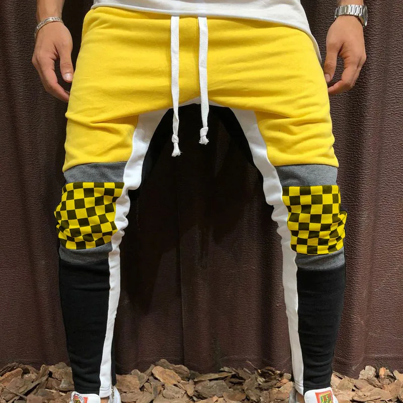 Эластичные уличные брюки в стиле хип-хоп, мужские повседневные брюки, летние мужские брюки в стиле хип-хоп, лоскутные клетчатые спортивные брюки, брюки, мужская одежда - Цвет: yellow
