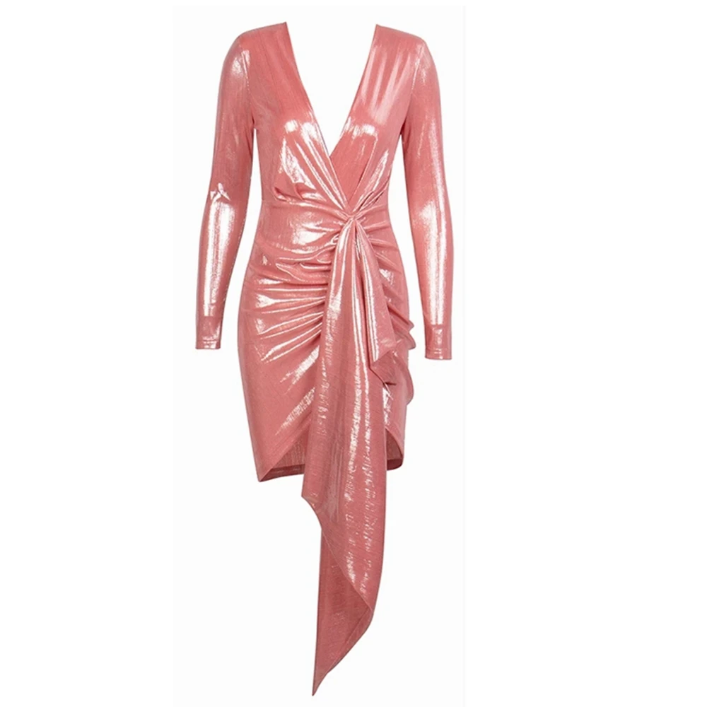 

2019 New Fashion Pink Green Blue Silver Pleated Ribbon Decoration Sparkling Fabric Sexy Mini Clubwear Dress V Neck Vestidos