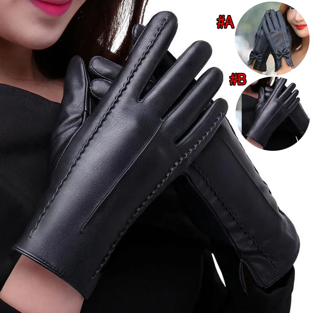 

Winter Gloves Women's Leather Gloves Autumn Winter Keep Warm Mittens Bow Warm Driving Plus Velvet Glove Mittens Guantes Cuero