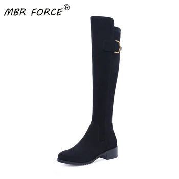 

MBR FORCE Fashion Retro Knee-high Boots Metal buckle decoration Women Ladies pointed toe Shoes Woman ladies Plus Size 34-42 zip