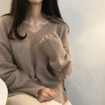 

Winter popular sweater beautiful V-neck XL knit sweater female loose long-sleeved thick bottoming shirt camel---Free shipping