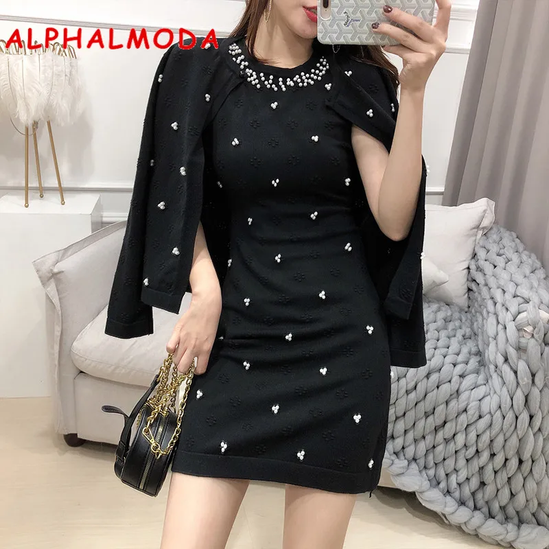 

ALPHALMODA 2019 Autumn Women Pearl Sweater Cardigans + Dress 2pcs Elegant Suit Black White Sweet Beading Knitting 2pcs Set