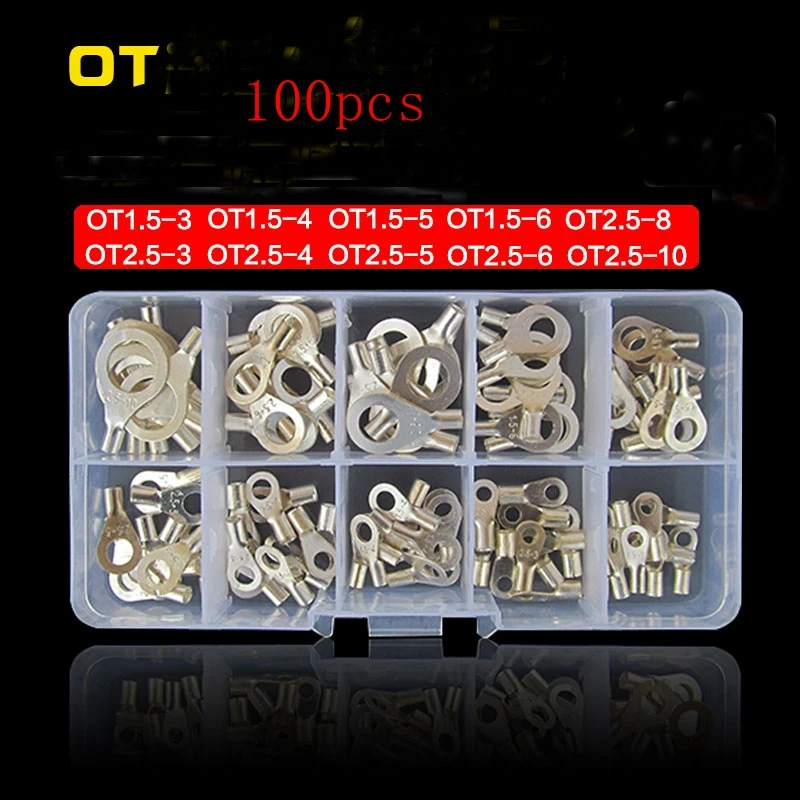 100pcs Cold pressing bare terminal OT1.5 2.5 wiring round fork bare copper
