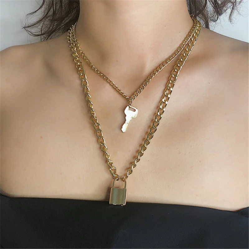 

ONEVAN Fashion Key Padlock Pendant Necklace for Women Gold/Silver Lock Necklace Layered Chain on the Neck With Lock Punk Jewelry