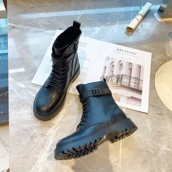 

Metal Buckle Shoes Women Fashion Martin Boots Shoes Lady Ankle footware British Style Female botas mujer Real Leather Boots