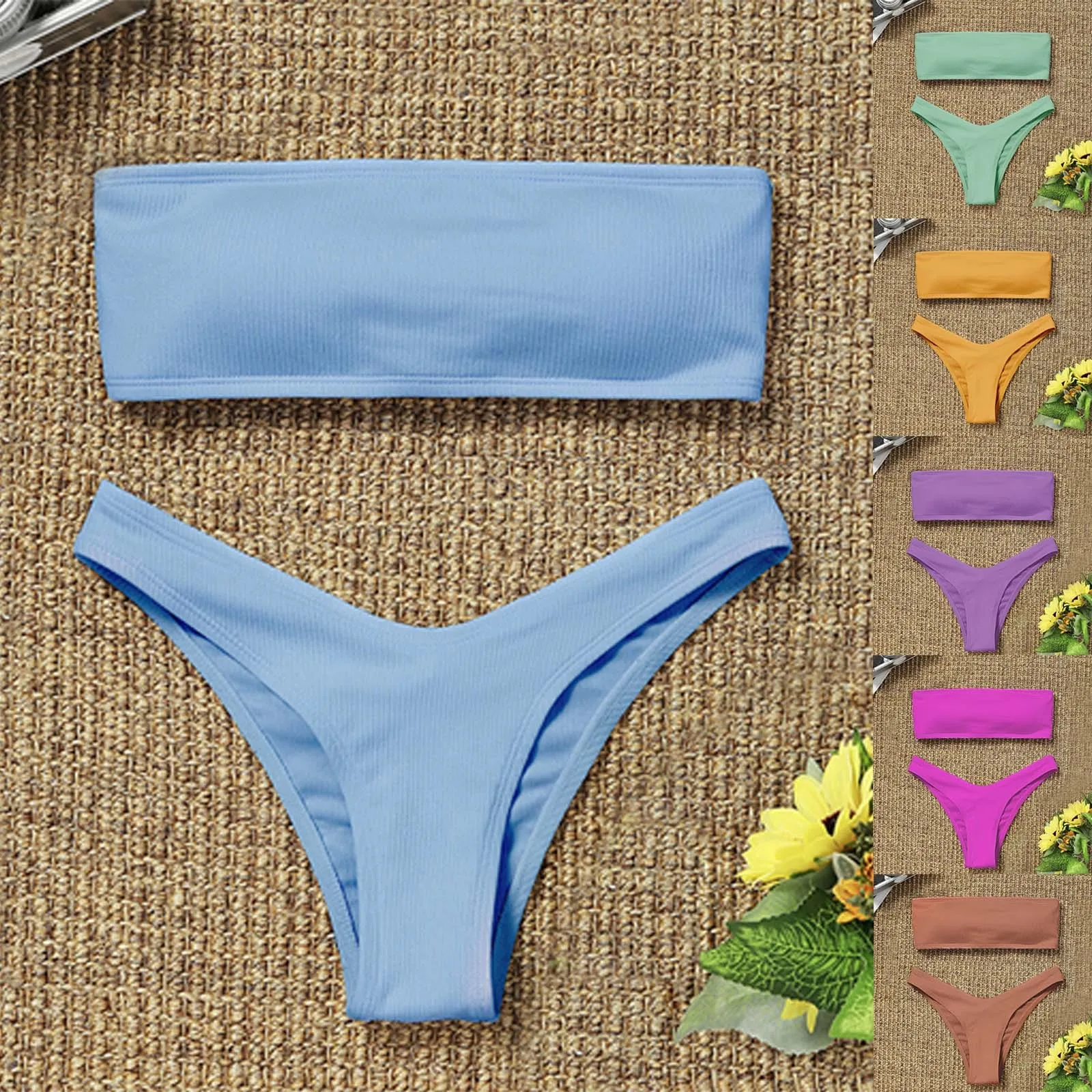 Bikini sin tirantes de cintura alta para mujer, bañador Sexy, traje de baño acolchado, de Color puro monokini, novedad de 2021