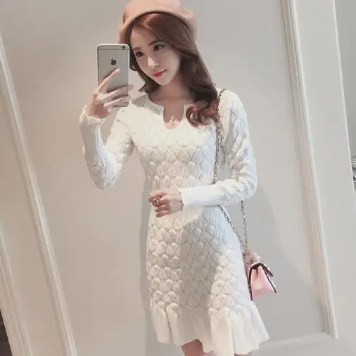 Women Winter Dresses 2019 Long Sleeve Fashion Europe Slim Hem Ruffles Womens Casual Knitted Dress AH313 | Женская одежда