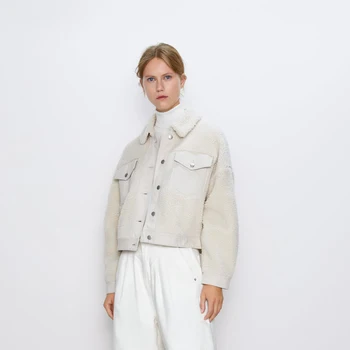 

2019 Autumn Winter Coat Women Jacket Za Fashion Clothes Beige Patchwork Lapel Jackets Long Sleeve Warm Short Coats