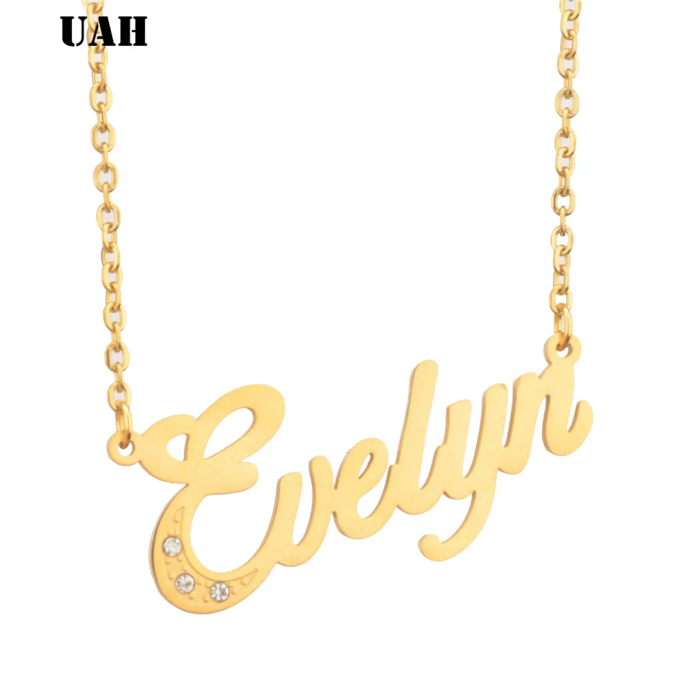 

UAH Evelyn Name or Custom Name Necklace Personalized Stainless Steel Family Nameplate Pendant Necklace Jewelry Mom Dad Gifts