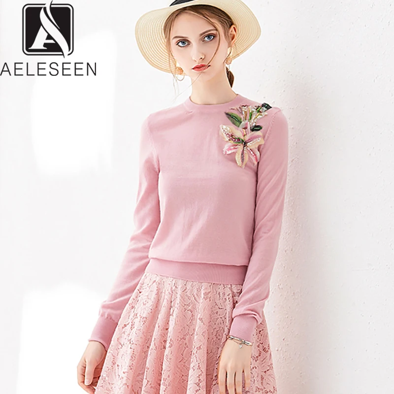 

AELESEEN New Fashion Lily Floral Series Pullovers Tops Women 2020 Spring Luxury Beading Elegant Flower Appliques Casual Sweater