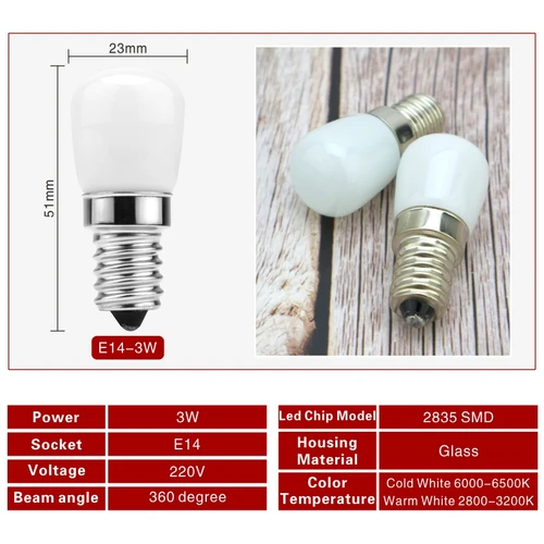 3W E14 LED 냉장고 전구, 냉장고, 옥수수 전구, AC 220V, LED 램프, 흰색, 따뜻한 흰색, SMD2835, 할로겐 조명 교체, 2 개/묶음 2
