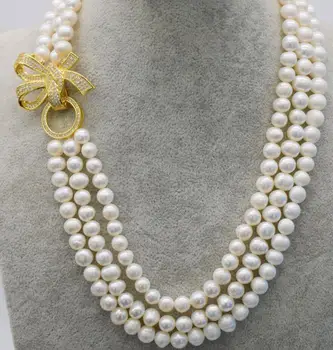 

Fashion jewelry Free Shipping Natural 3rows freshwater white pearl near round 7-8mm pearls 18-20" with zircon clasp necklace
