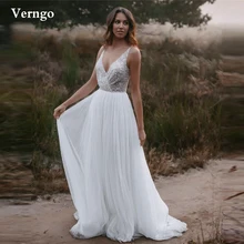 

Verngo Glitter A Line Wedding Dresses Deep V Neck Pleats Tulle Skirt Floor Length Bridal Gowns Sexy Women Long Formal Dress