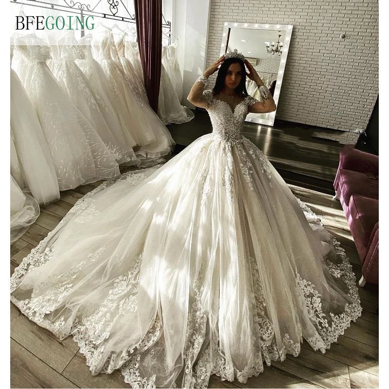 cheap wedding dresses Luxurious Ivory Lace Tulle Long Sleeves Floor-Length  Ball Gown Wedding Dress Chapel Train Custom Made pink wedding dress