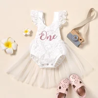 Infant Baby Girls Birthday Romper Dress with Mesh Stitching, One Letter Print Florals Lace Jumpsuits Princess Summer Costume 4