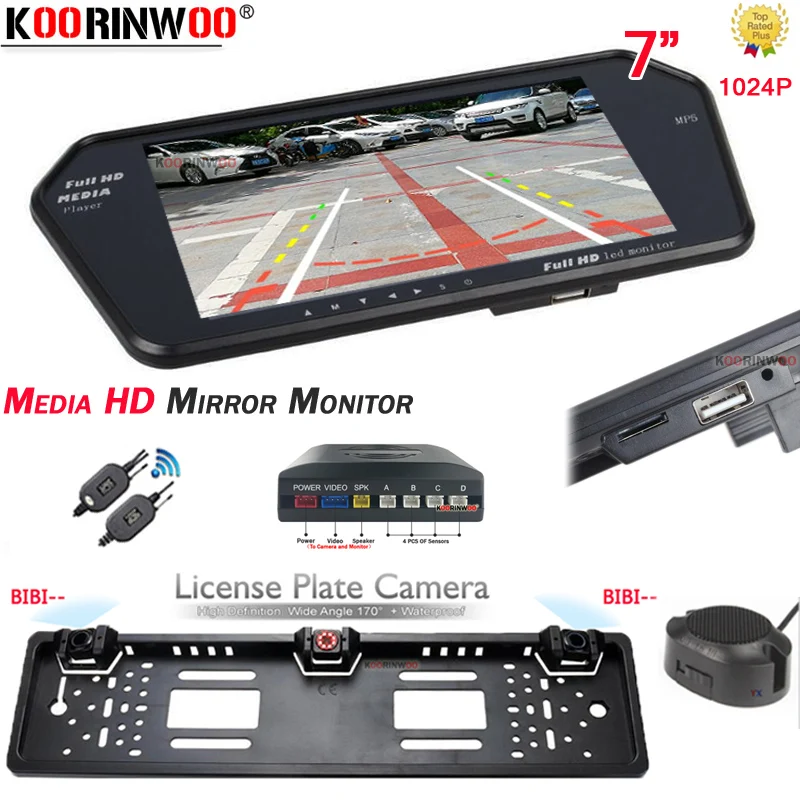 Koorinwoo Wireless Multifunction Dynamic Moving EU License Rear Camera Night Vision With 7&quot Car Mirror Monitor Bluetooth USB SD |