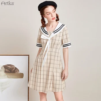 

ARTKA 2020 Summer New Women Dress Japanese JK Uniform Dress Navy Style Sailor Suit A-Line College Style Plaid Dresses LA25008X