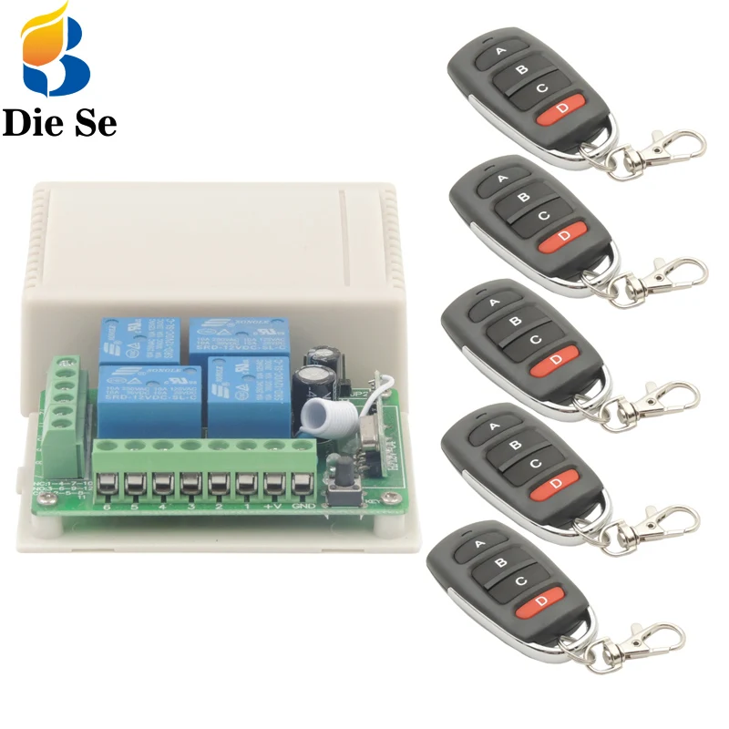 

433MHz Universal Wireless Remote Switch DC 12V 4 Gang rf Relay and Transmitters for Remote Garage/LED/Home appliance Control