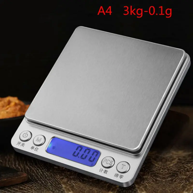 A4 3kg-0.1g 100/200/300/500g 1/2/3/5 кг 0,01/0,1g Мини цифровые весы высокой точности Подсветка Электрический Кухня в граммах для бриллиантовых ювелирные украшений Вес ЖК-дисплей Дисплей - Цвет: A4 3kg-0.1g