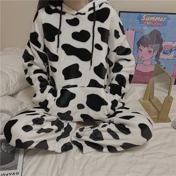 

2020 New Cute Little Cow Sweater Homewear Women Warm and Comfortable Two-piece Suit with Hood Can Be Worn At Home Pajamas