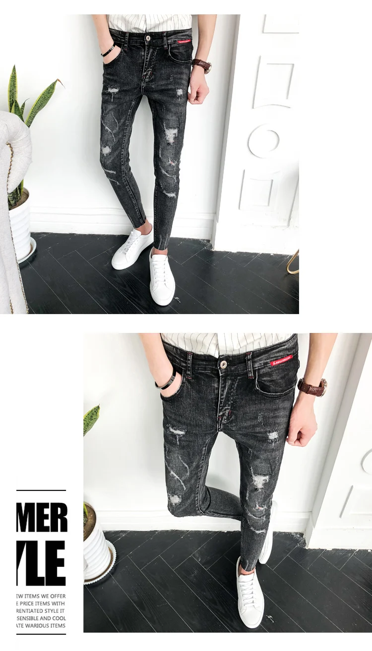 Модные джинсы темно-серые уличные студенческие обтягивающие джинсы hombre стрейч рваные джинсы мужские брюки-карандаш