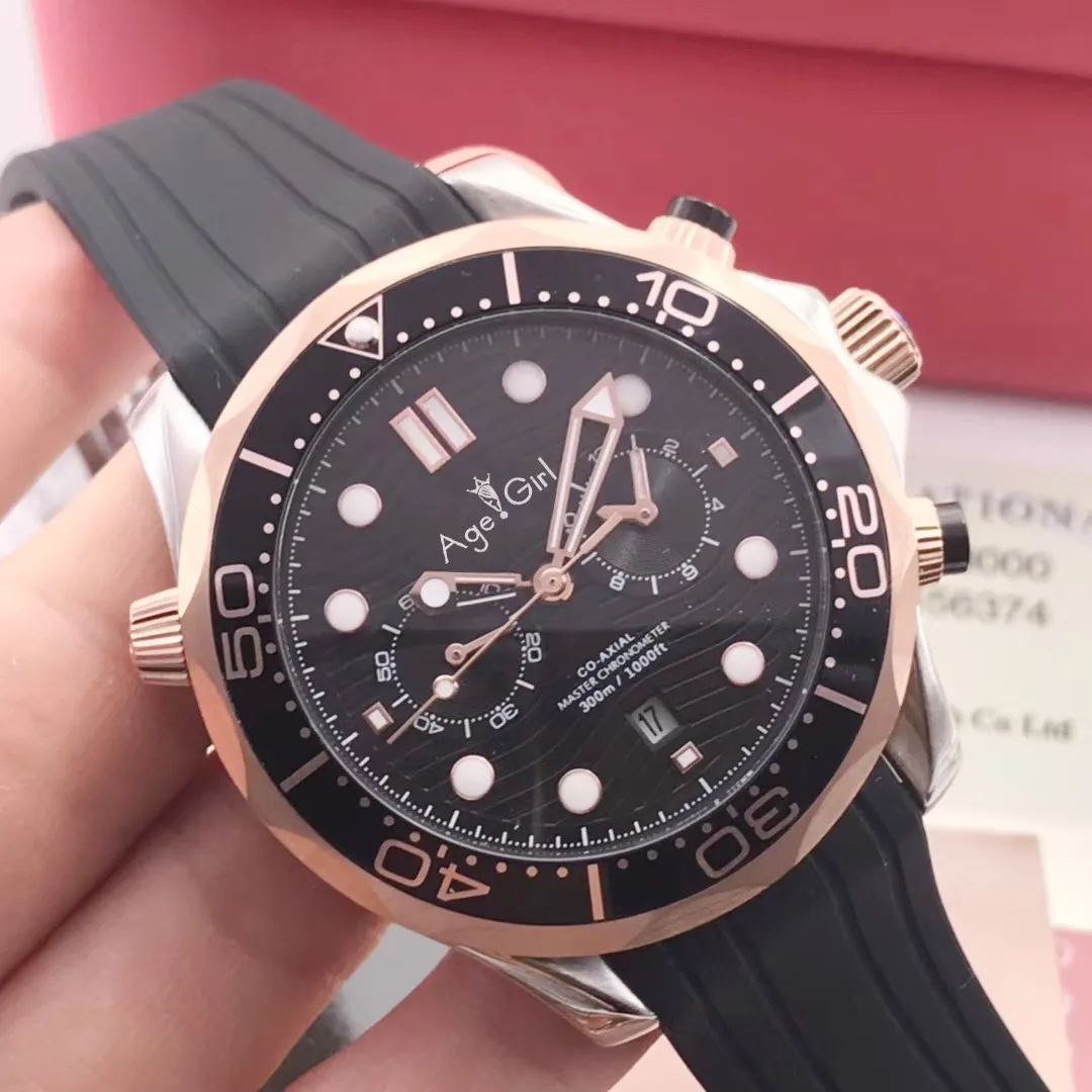 

Luxury Brand New Men Automatic Mechanical Watch Silver Rose Gold James Bond 007 Black Rubber Ceramic Bezel Sapphire AAA+ 44MM