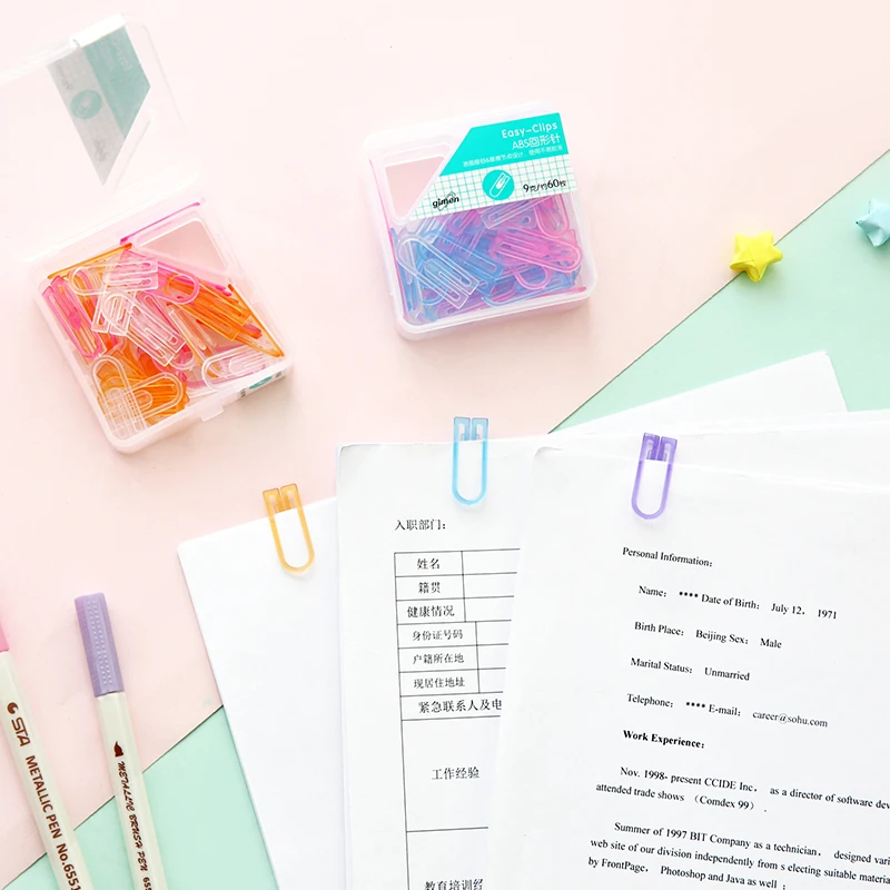 

60pcs Multi Color Paper Clips Set Transparent ABS Plastic Marker Clip File Index Bookmark Novelty Office School Supplies 6480