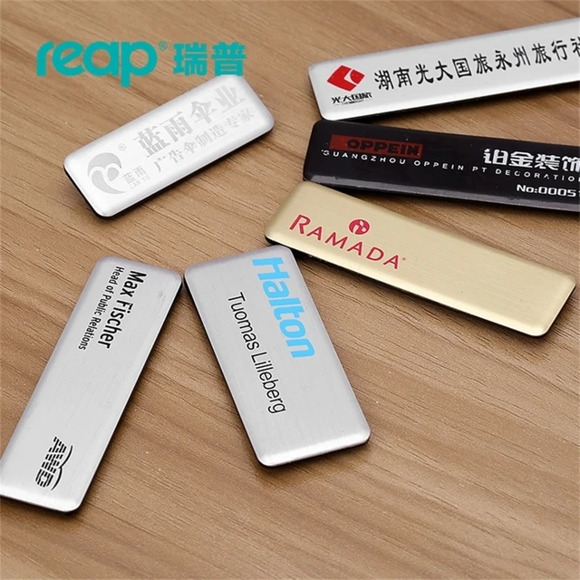  Custom Laser Engraving Metal Name Tags Badge for Business  Personalized Identification ID Tag with Magnetic, Pin, Adhesive  Backing,Clear and Easy to Read. : Office Products