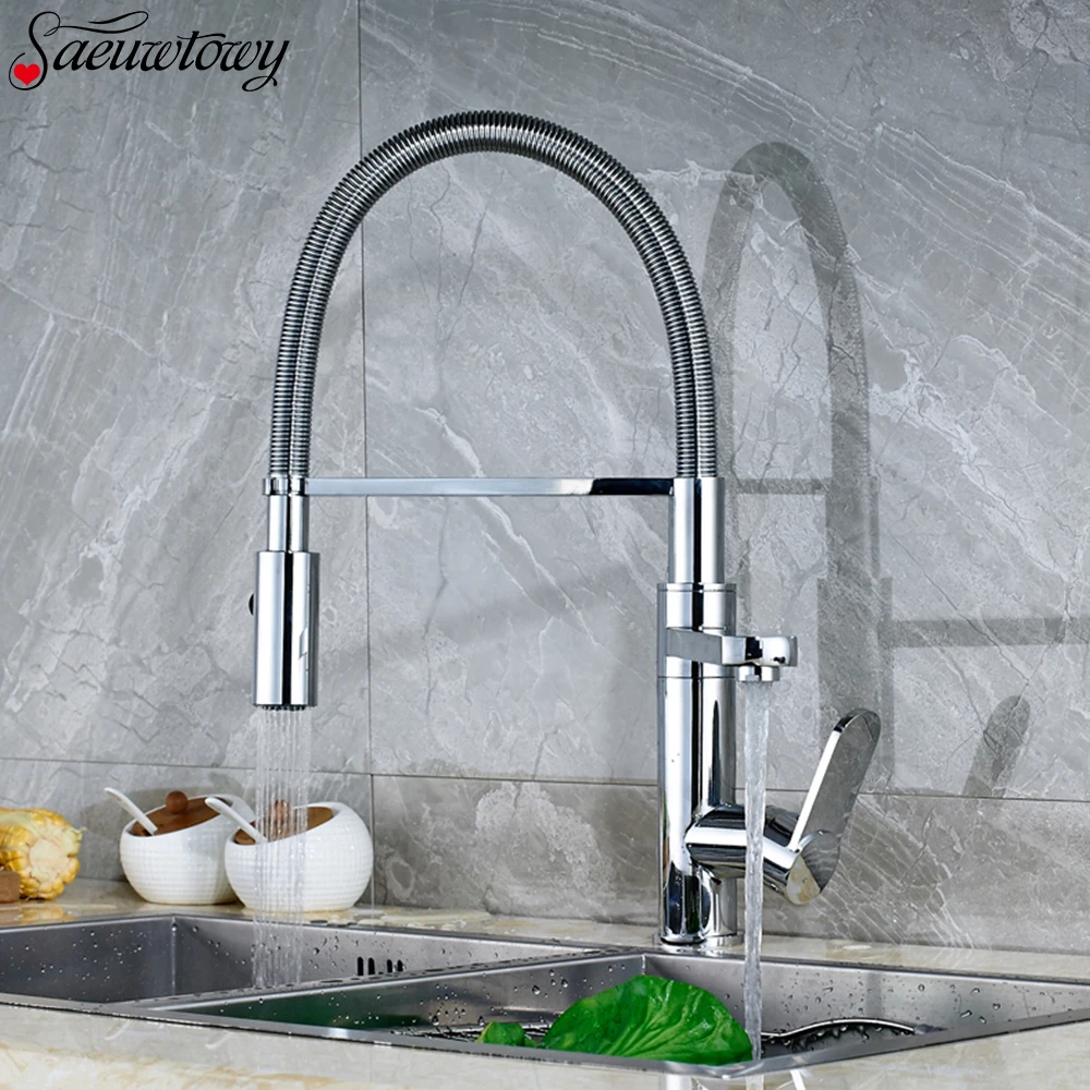 Chrome-Plated Pull-Down Kitchen Faucet Deck Installation Spring Kitchen Sink Faucet 360° Rotating Kitchen Tap Sink Mixer