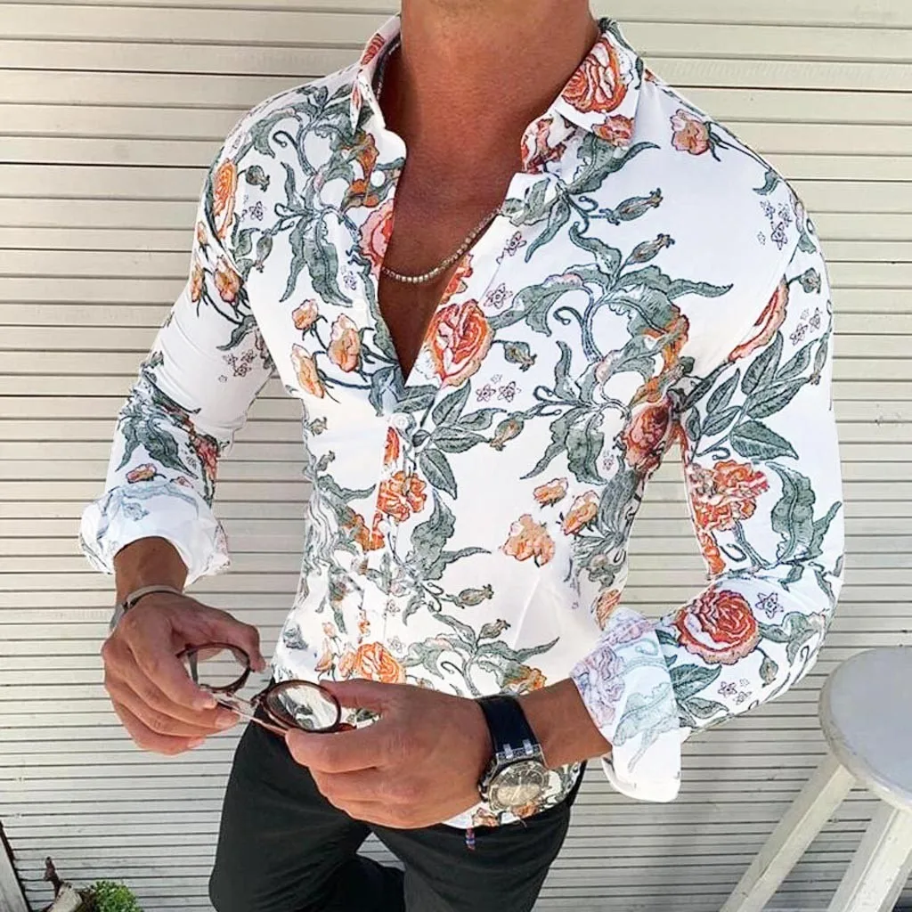 Camisa Masculina осень зима мужская Повседневная рубашка с длинным рукавом с цветочным принтом облегающая блузка Топ Гавайский стиль