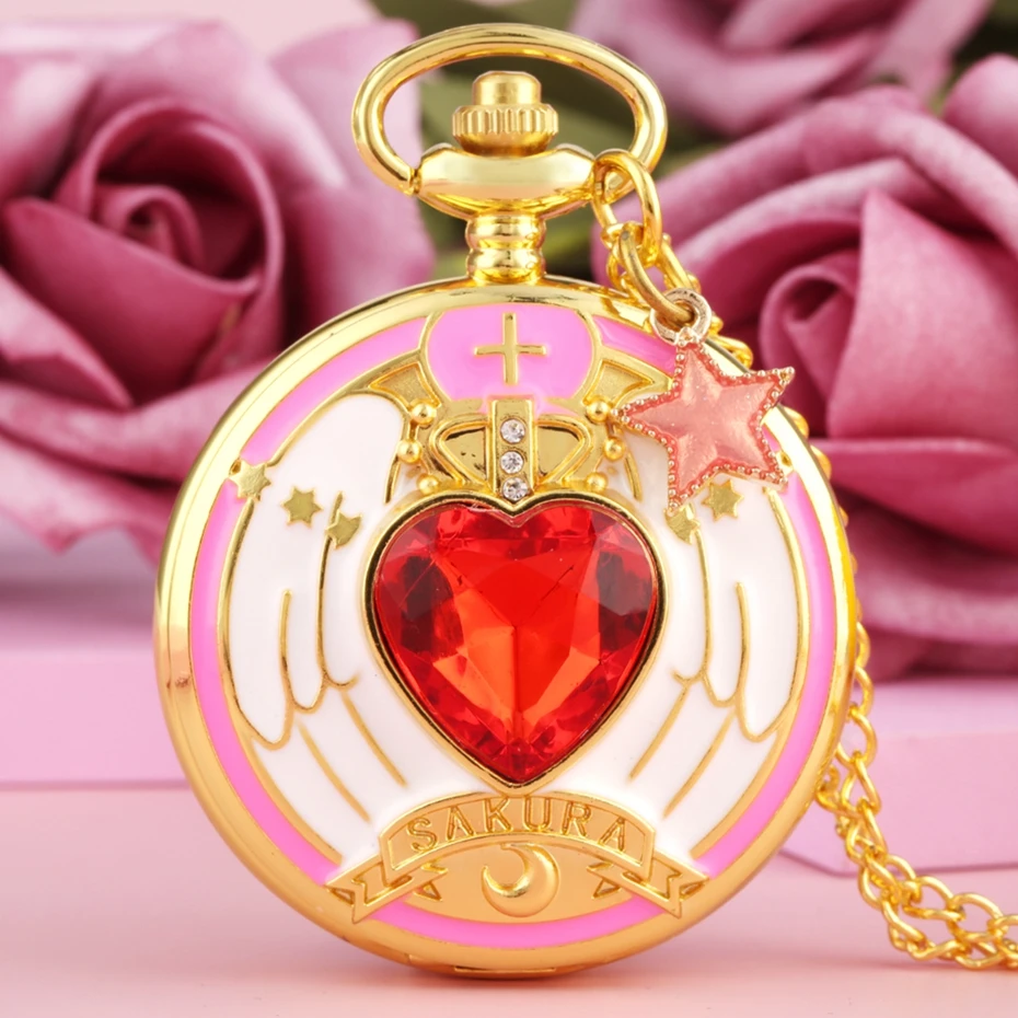 Superb Magic Rhinestone SAKURA Pocket Quartz Watch Luxury Gold Necklace COS FOB Chain Clock for Girls with Moon Star Accessory