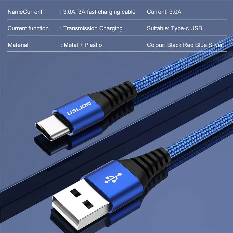 USLION 3A Type C Cable Quick Charge 3.0 Fast Charging USB Cable for Xiaom Redmi Note7 Mobile Phone Data Cable for Samsung Huawei