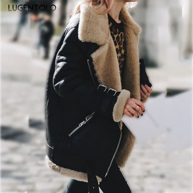 Lugentolo Женская куртка осень и зима с длинными рукавами локомотив оленья кожа имитация овчины плюс бархат толстый пальто