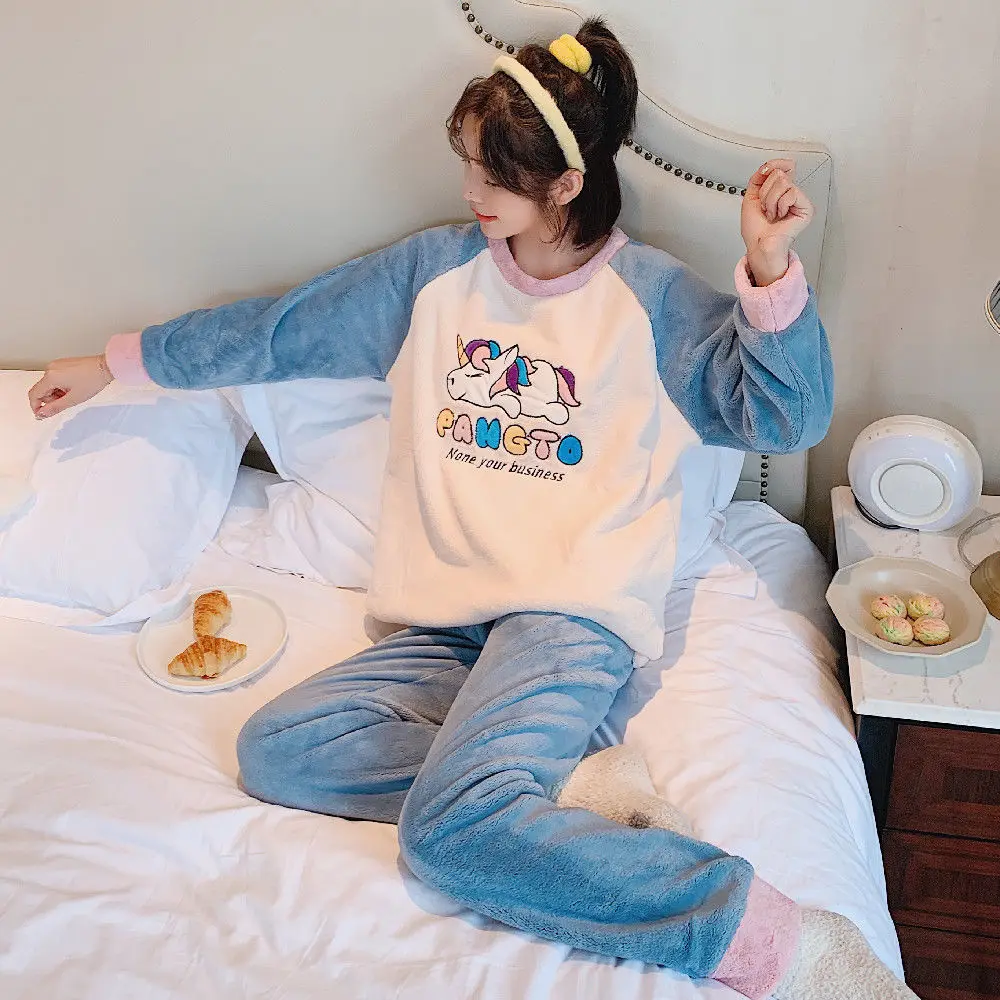 

2020 Pajamas Women's Winter Flannel Padded Student Cute Autumn and Winter Cartoon Coral Fleece Homewear Set