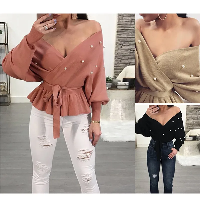 

Elegant V Neck Pearl Pullover Knitted Sweater Women Autumn Winter Ruffle Loose Sweater Sexy Club Sexy Batwing Sleeve Crop Top
