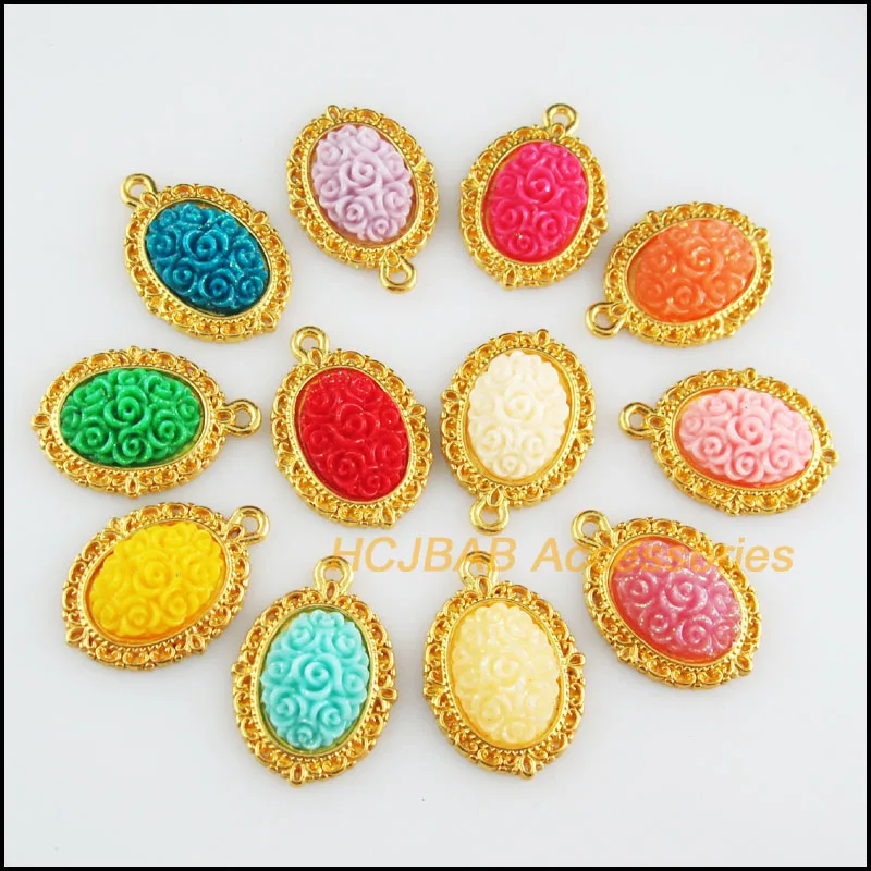 

10 New Flower Charms Gold Color Retro Oval Mixed Resin Pendants 16.5x23mm