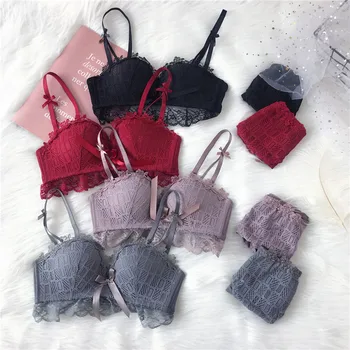 

2020 Bow Lace Lace Double Strap Bra Set Without Steel Rings Gathering Adjustment Comfortable Mid Waist Briefs