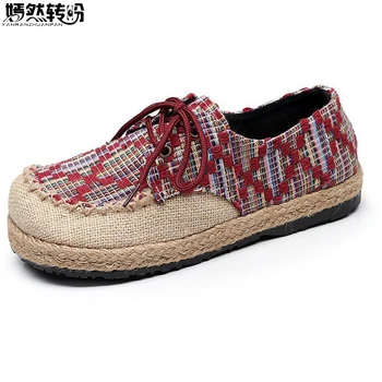 

2020 Vintage Chinese Women Shoes Cotton Linen Canvas Embroidered Flats Cloth Single National Woven Round Toe Lace Up Shoes Woman