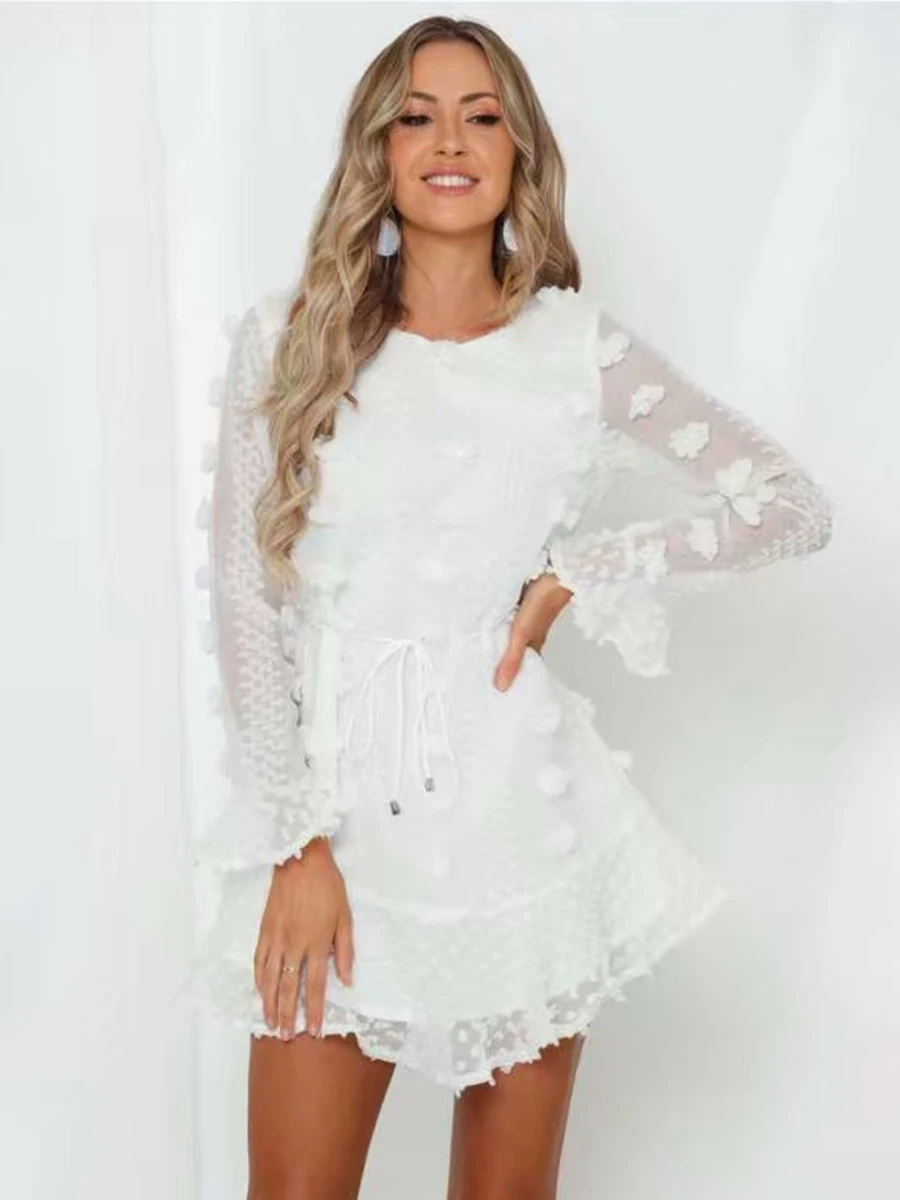 

Jastie 2019 Autumn Dress Women O-Neck Long Sleeve Mini Dresses Chic Cotton pom Chic Boho Dress Short Vestidos de fiesta de noche