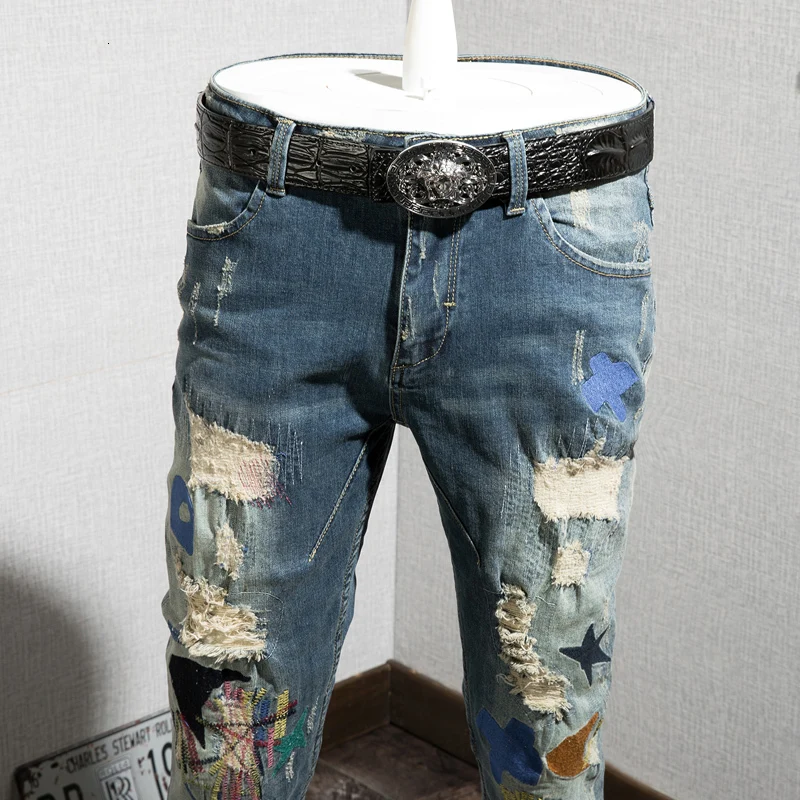 Осенние мужские джинсы с дырками, мужские брюки с индивидуальным принтом, трендовые прямые брюки с манжетами, эластичные штаны для отдыха