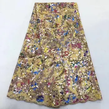 

Yellow sequins embroidered African mesh lace fabric elegantly designed Nigerian sequins Guipure evening net material YYZ089