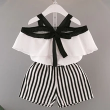 Детские летние костюмы коллекция года, стиль, комплекты детской одежды милая Дизайнерская футболка с бантом+ короткие штаны в полоску для девочек, комплекты повседневной одежды