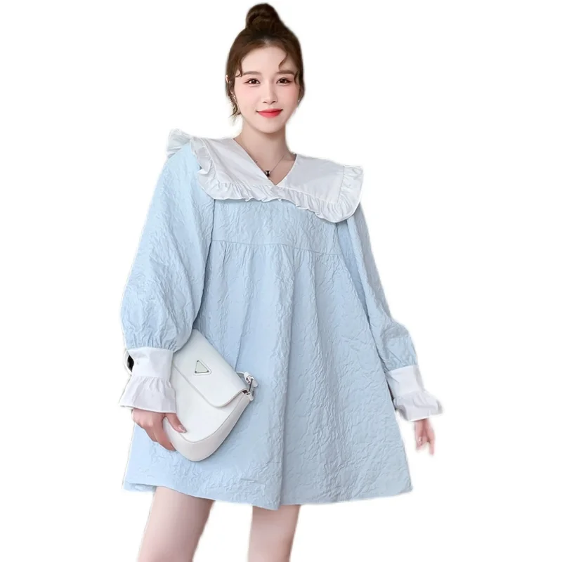 

2024 autumn plus size woman clothes sweet peter pan collar long sleeve pregnant women a-line dress maternity empire dobby dress