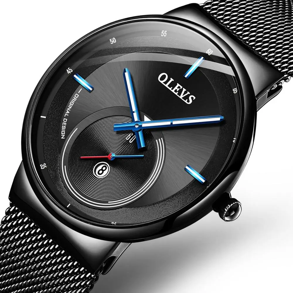 NEW OLEVS Watch Men Luxury Quartz Date Blue Dial Thin Top Brand Watches Sports Chronograph Mesh Belt Wrist Watch Man Clock - Цвет: All Black