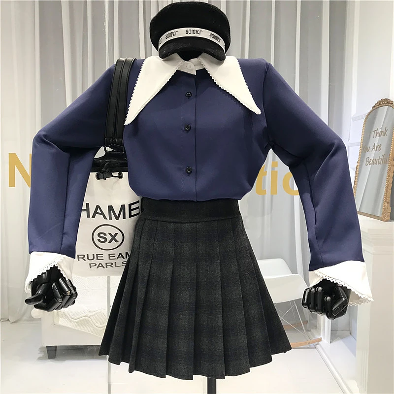 

Blouse Women+pleated Skirts Wool Blend Women 2 Piece Set High Street Single Breasted Above Knee, Mini Two Piece Sets