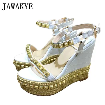 

Thick Bottom Wedge High Heels Sandals Women One Word Strap Rivet Ankle Strap Sequin Runway Sandals Summer Party Shoes Woman