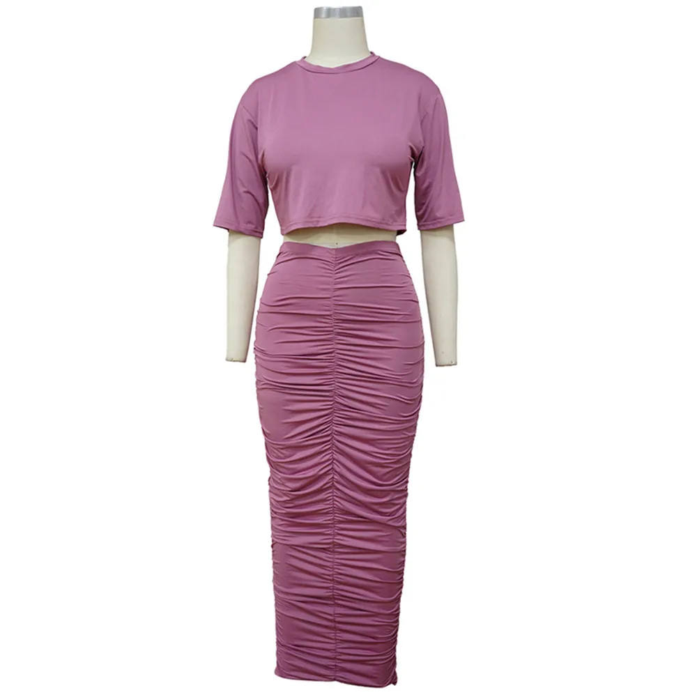 SKMY 2024 Ruched Solid Color Tracksuit Women Short Sleeve Crop Tops And Long Skirts Casual Clothes Sexy Two Piece Set