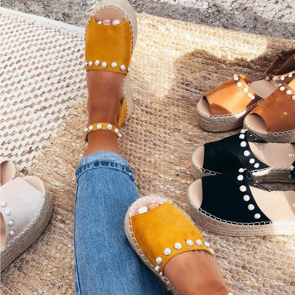 

LOOZYKIT Women Sandals Retro Pearl Platform Sandals High Heels LOOZYKIT Shoes Women Sewing Hemp Summer Sandals Zapatos Mujer