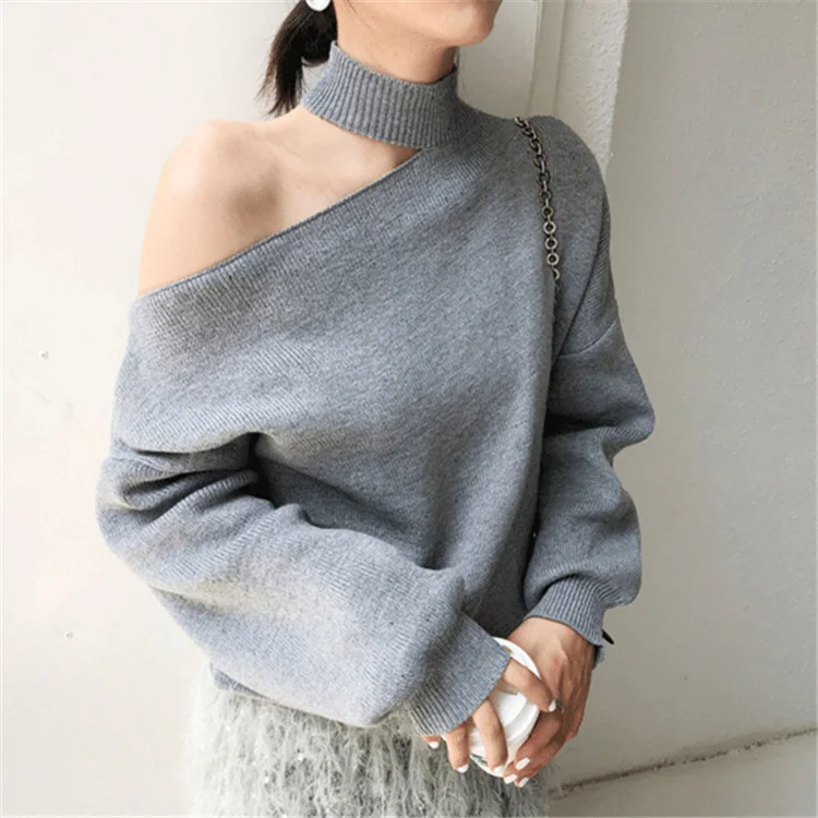 Colorfaith New Autumn Winter Women's Sweaters Casual Minimalist Tops Sexy Korean Style Knitting Off Shoulder Ladies SW7848 - Цвет: Серый