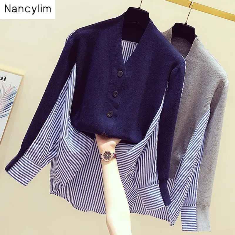 

New Korean Fashion Striped Shirt Patch Knit Jacket Women Autumn Cardigan Casual V-neck Knitted Coat Female Loose Cardigans Coats